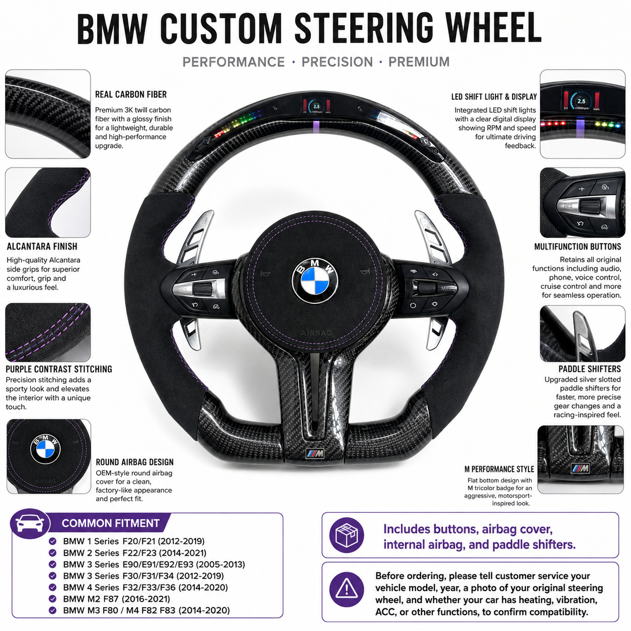 Carbon Fiber Steering Wheel for BMW F10 F11 F15 F18 F20 F23 F25 F30 F32 F35 F40 F80 E84 E87 E90 E92 E93 2005~2019-CJ Mod Garage 6