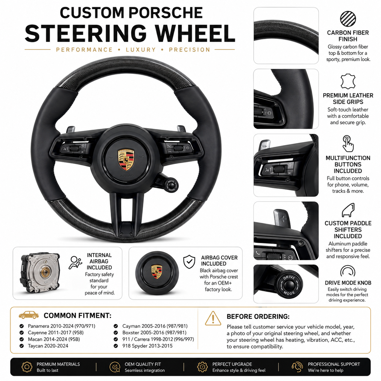 Performance Porsche Steering Wheel with Carbon Fiber Construction Leather Grip Design Multifunction Buttons Airbag Cover and Custom Paddle Shifters for 911 996 997 918 Spyder CJ Mod Garage