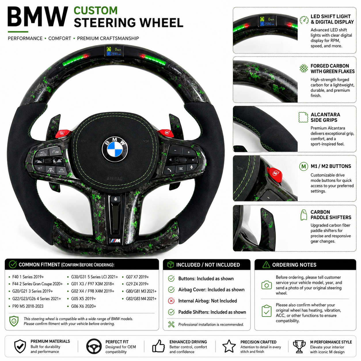 Custom BMW LED steering wheel with forged carbon green flakes, M1 M2 buttons and carbon paddle shifters for G11 G12 G15 G22 G29 G82 F40 – CJ Mod Garage