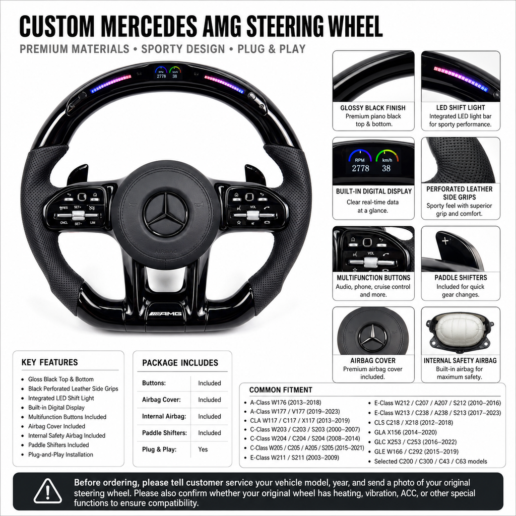 Custom Mercedes AMG steering wheel with LED shift lights digital gauge display for W203 W204 W205 W211 W212 W213 W218 C43 C63 CJ Mod Garage
