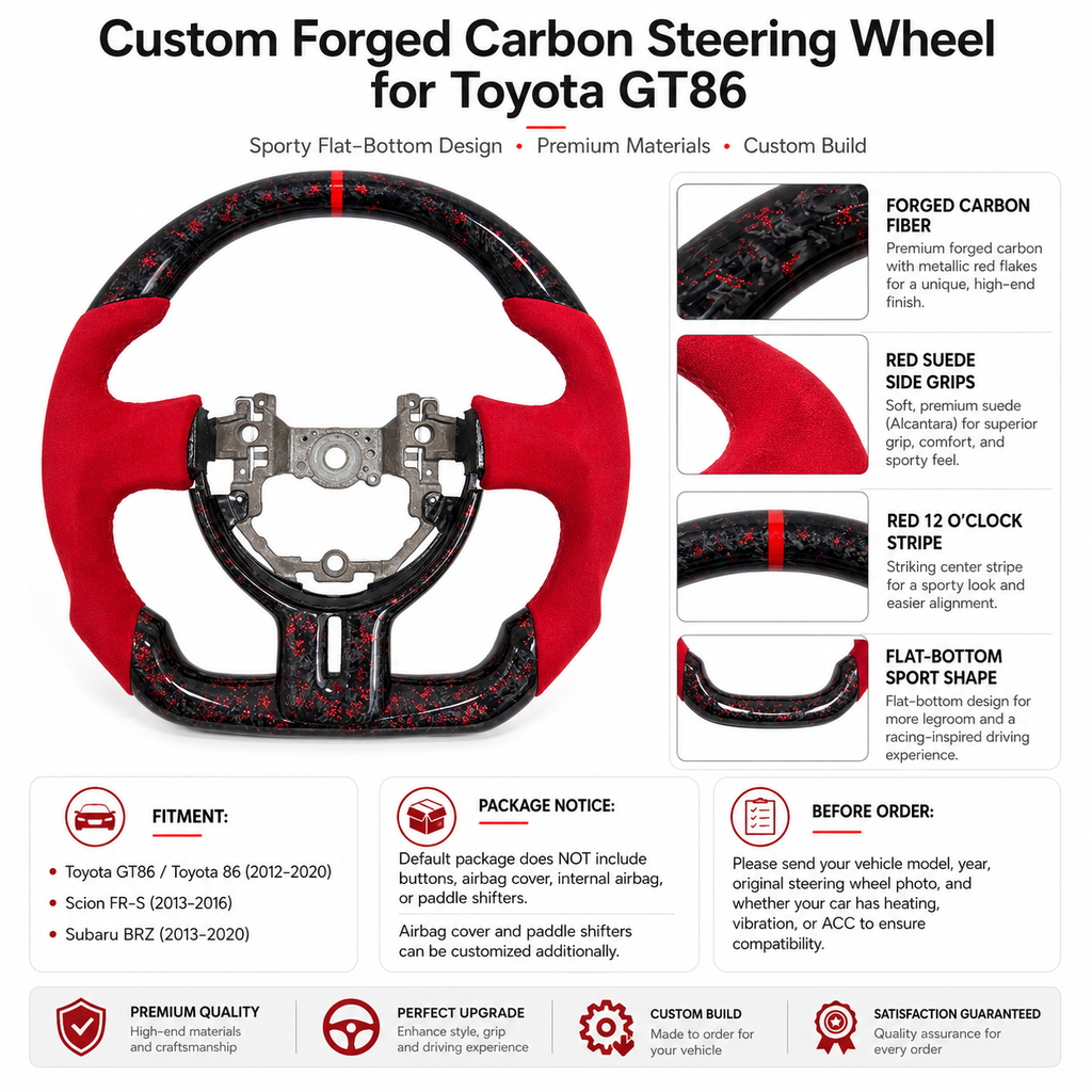 Custom Toyota 86 / Scion FR-S / Subaru BRZ forged carbon steering wheel featuring red suede grips, red center stripe and premium handcrafted finish by CJ Mod Garage