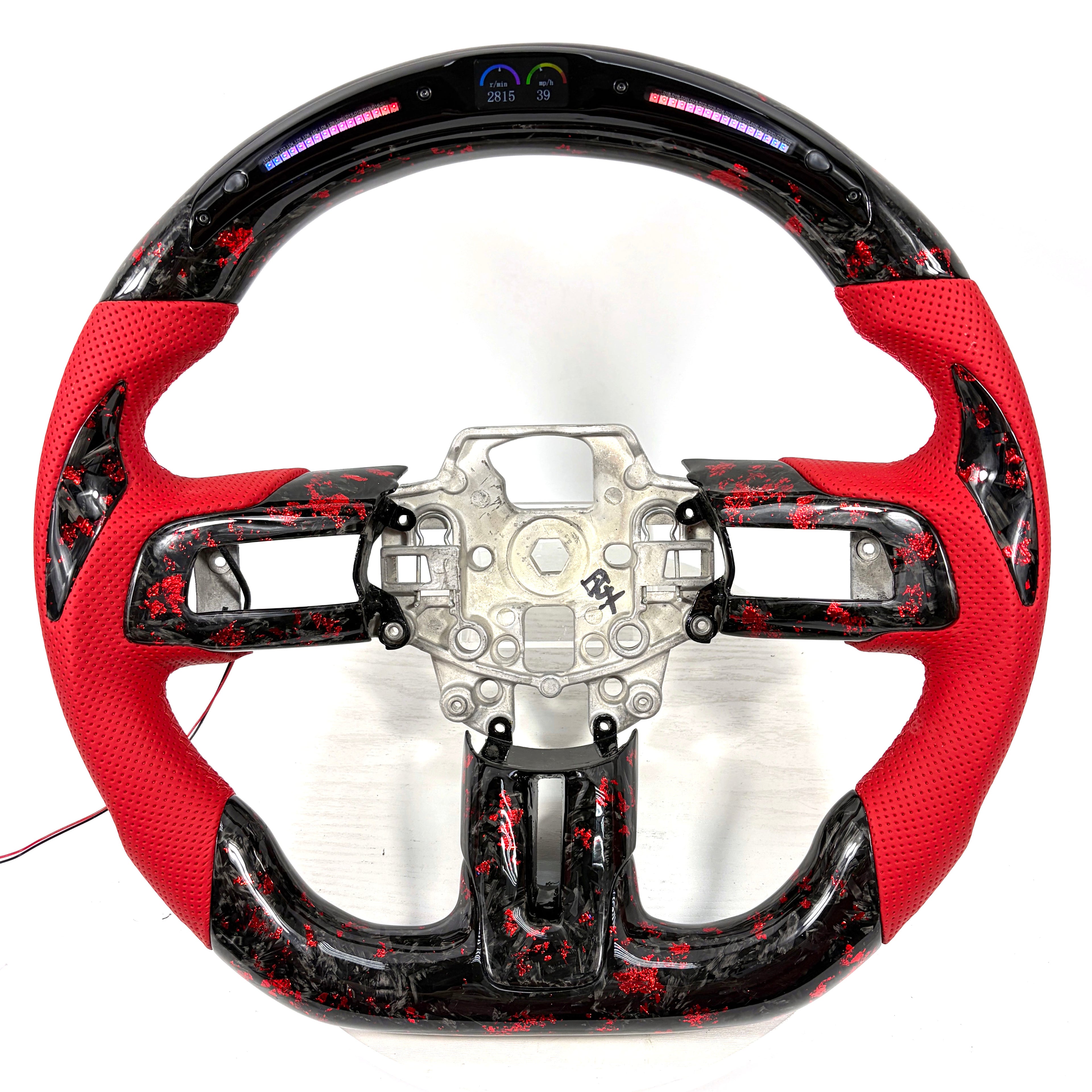 FOR Ford Mustang S550/GT 2015-2023 Carbon Fiber Steering Wheel - Red Forged Carbon Fiber & Red Perforated Leather & LED & Airbag Cover - CJ Mod Garage &