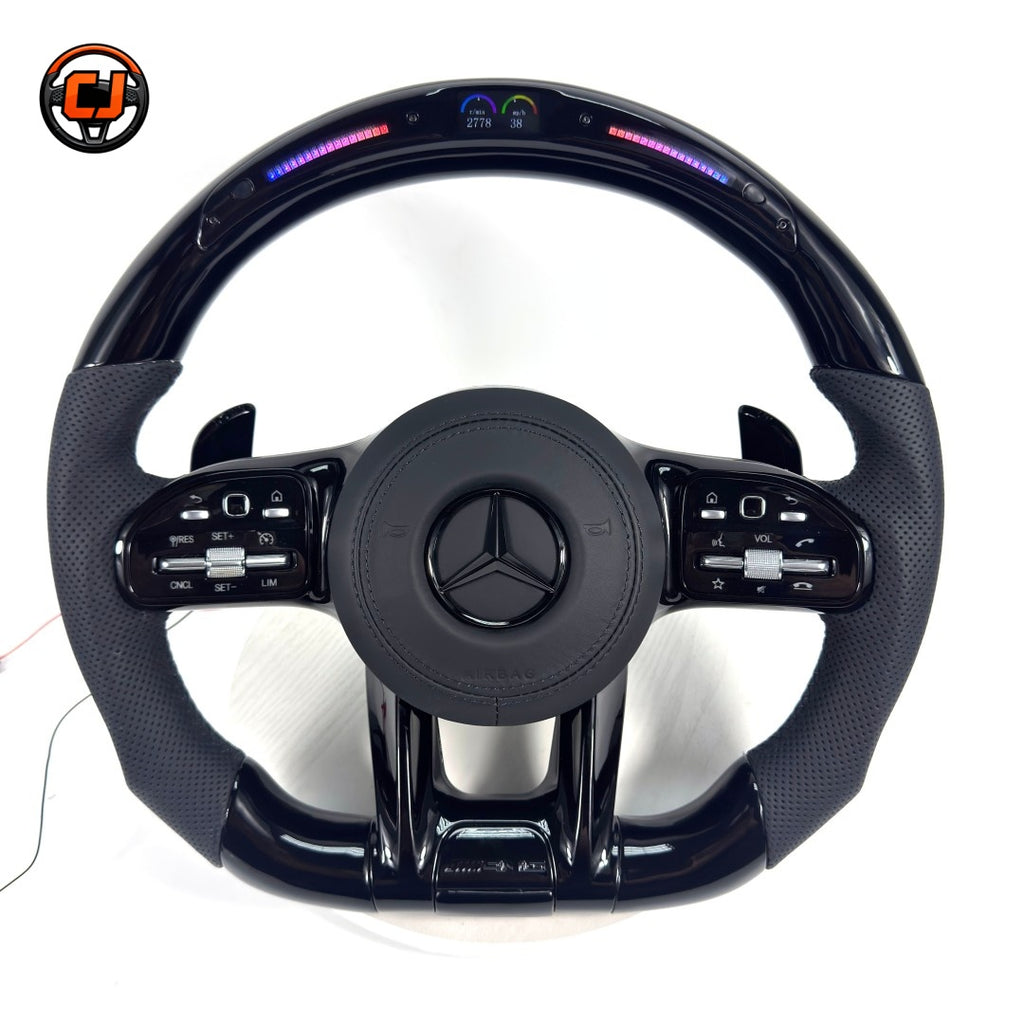 Mercedes AMG glossy black steering wheel with perforated leather grips LED RPM lights for W117 W176 W177 W203 W204 W205 W211 W212 C200 C300 CJ Mod Garage