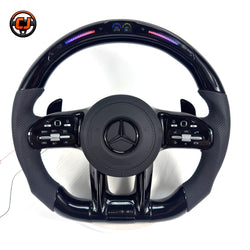 Mercedes AMG glossy black steering wheel with perforated leather grips LED RPM lights for W117 W176 W177 W203 W204 W205 W211 W212 C200 C300 CJ Mod Garage