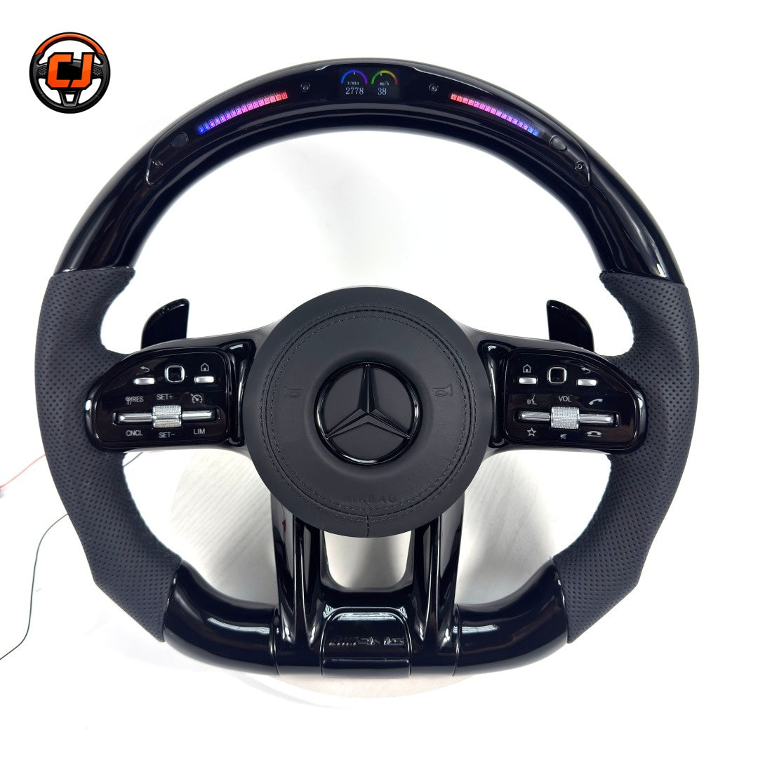 Mercedes AMG glossy black steering wheel with perforated leather grips LED RPM lights for W117 W176 W177 W203 W204 W205 W211 W212 C200 C300 CJ Mod Garage