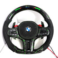 BMW M performance steering wheel featuring green forged carbon fiber, Alcantara side grips and digital LED display compatible with G20 G28 G38 G80 F90 by CJ Mod Garage