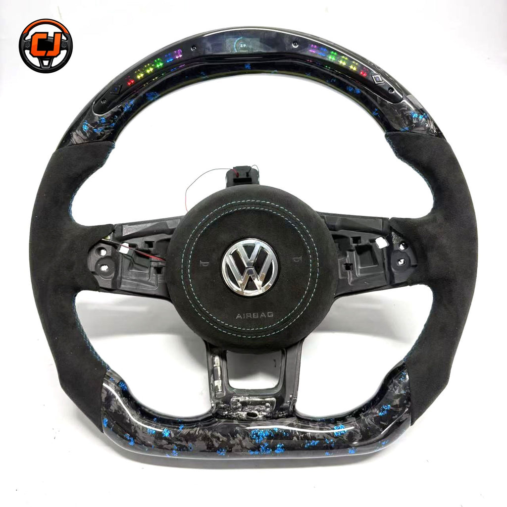 Volkswagen Golf GTI Mk7 blue forged carbon LED steering wheel with round airbag cover on white CJ Mod Garage
