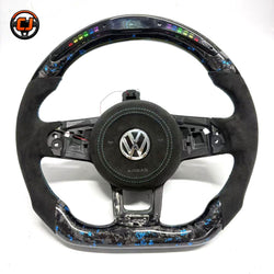 Volkswagen Golf GTI Mk7 blue forged carbon LED steering wheel with round airbag cover on white CJ Mod Garage