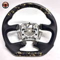 Front view of Ford Falcon FG XR XR6 XR8 custom steering wheel with gold flake forged carbon and black perforated leather by CJ Mod Garage
