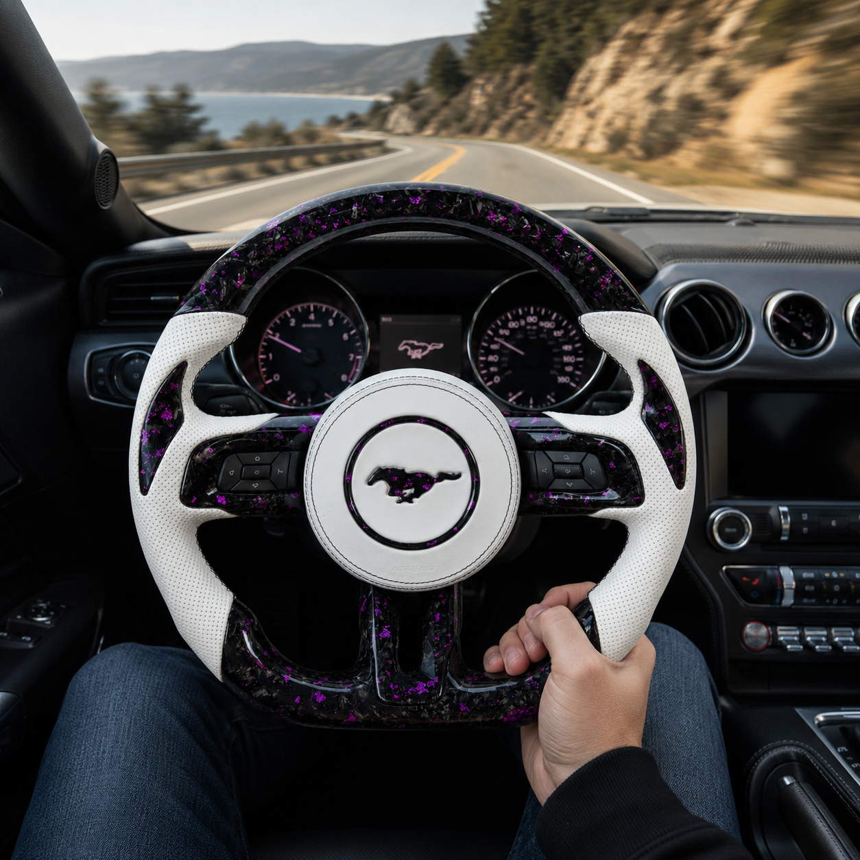 FOR Ford Mustang S550/GT 2015-2023 Carbon Fiber Steering Wheel, Purple Forged Carbon Fiber & White Perforated Leather & Airbag Cover - CJ Mod Garage & Driving Scene Images