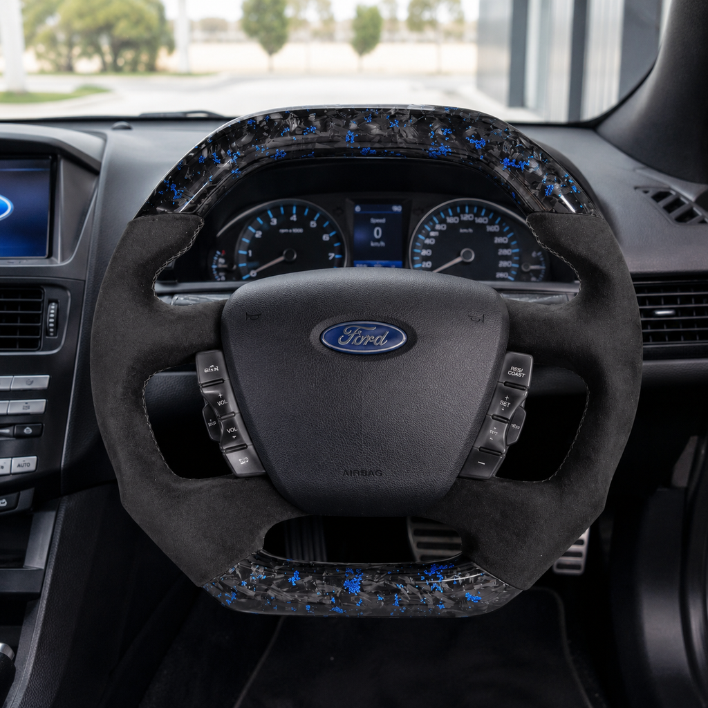 Ford Falcon FG XR XR6 XR8 custom steering wheel installed in car with blue flake forged carbon and black Alcantara by CJ Mod Garage