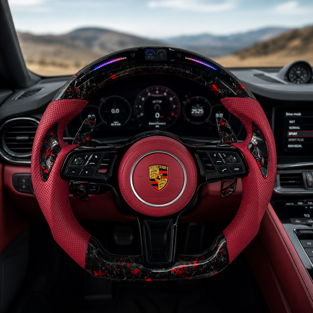 Custom Porsche Steering Wheel Featuring Red Forged Carbon Finish Integrated LED Shift Light Digital Display and Premium Leather Grips for Cayenne 2011 2017 Panamera 970 971 CJ Mod Garage