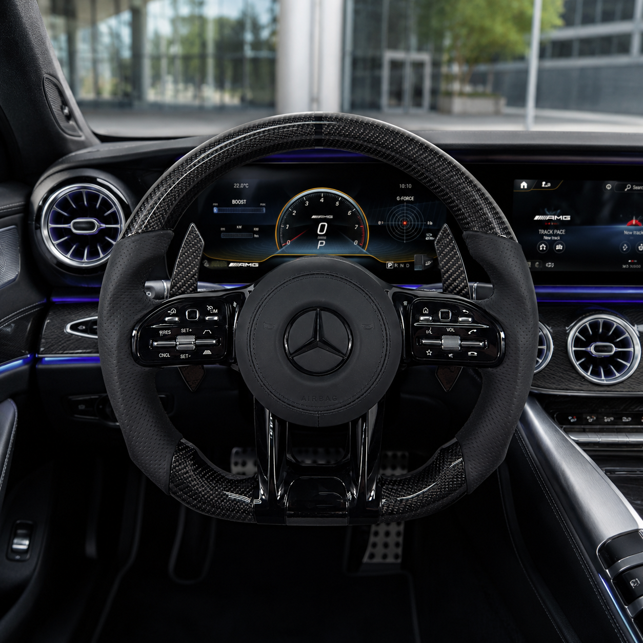 Mercedes AMG carbon fiber steering wheel with perforated leather grips for W117 W176 W177 W205 W213 C43 C63 C200 C300 CJ Mod Garage