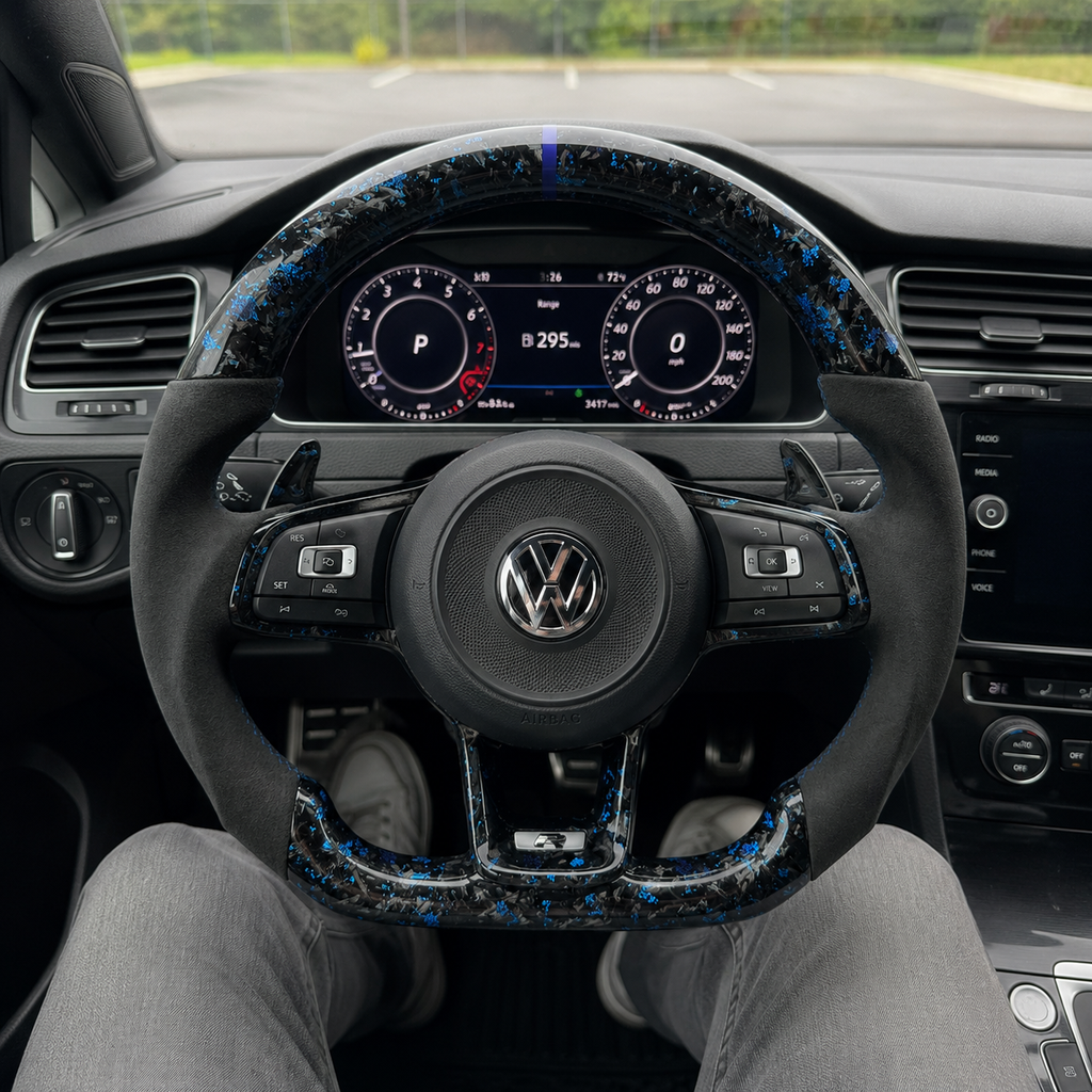 Volkswagen Golf GTI blue forged carbon Alcantara flat bottom steering wheel cabin shot CJ Mod Garage