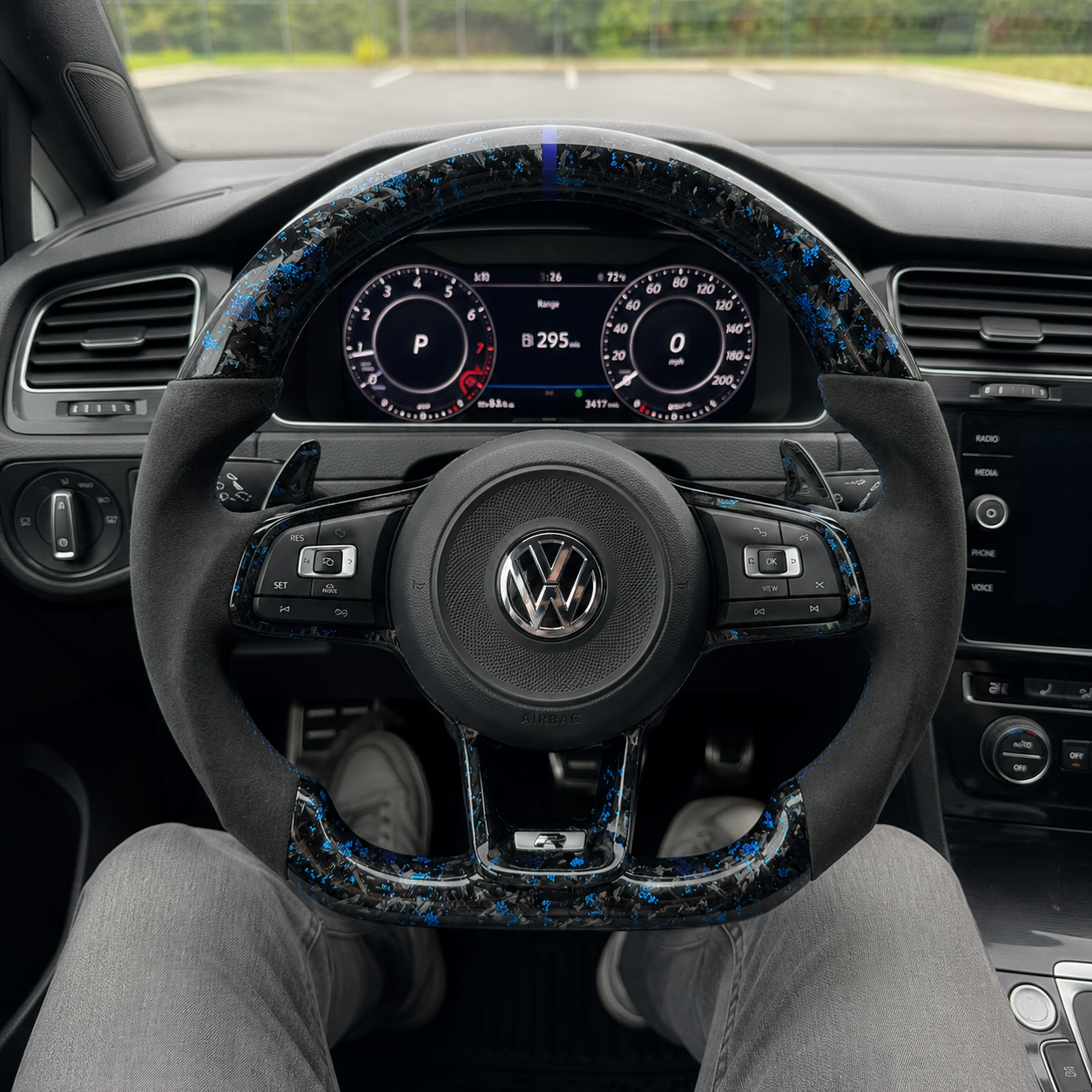 Volkswagen Golf GTI blue forged carbon Alcantara flat bottom steering wheel cabin shot CJ Mod Garage