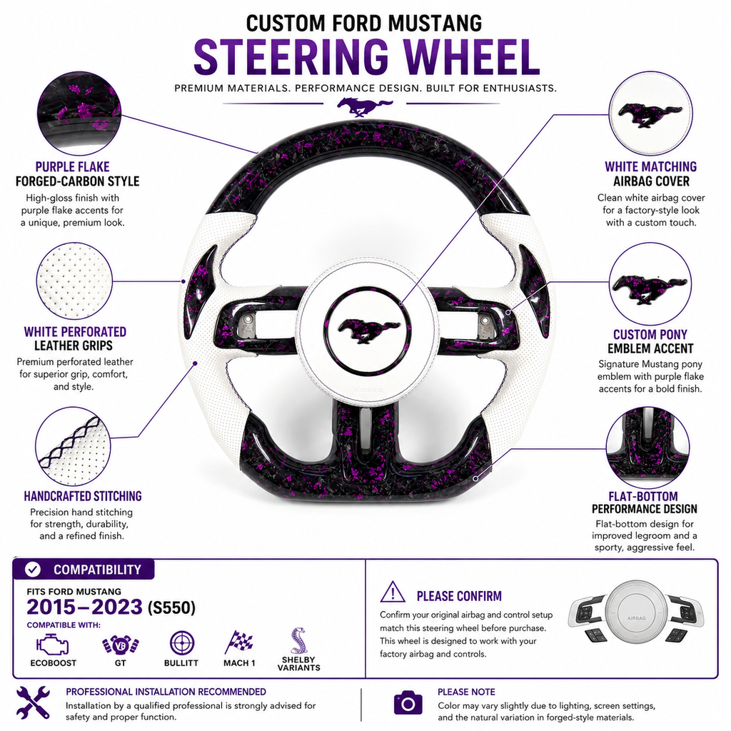 FOR Ford Mustang S550/GT 2015-2023 Carbon Fiber Steering Wheel, Purple Forged Carbon Fiber & White Perforated Leather & Airbag Cover - CJ Mod Garage & Product Details Image