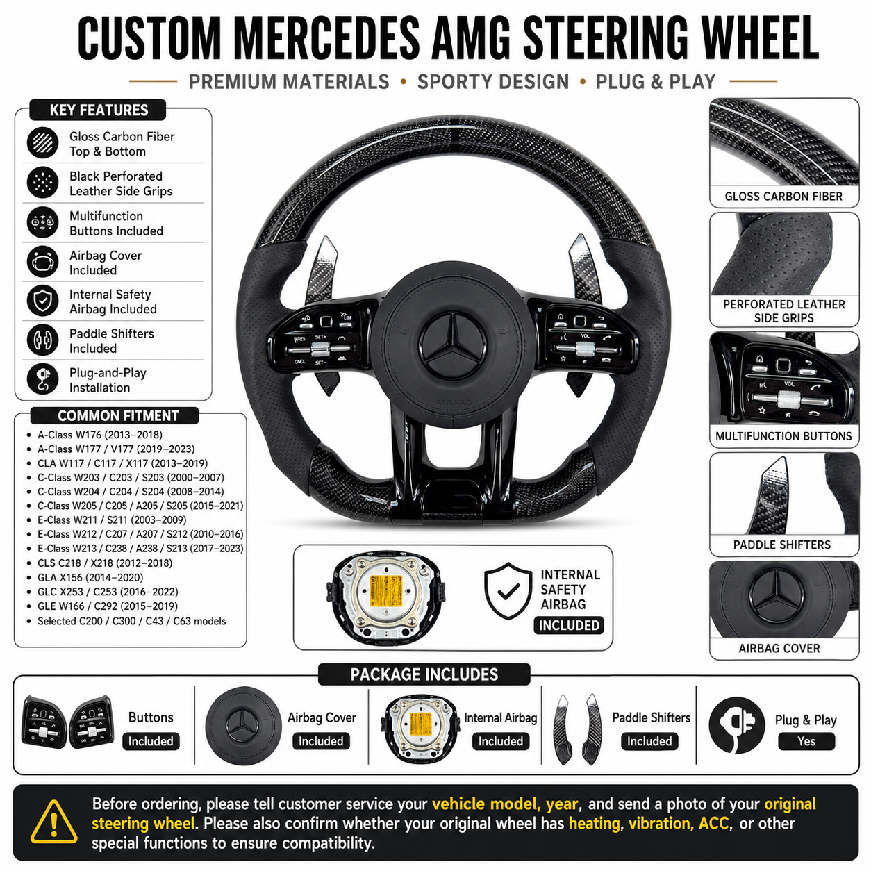 Custom Mercedes AMG gloss carbon steering wheel with paddle shifters for W203 W204 W205 W211 W212 W213 W218 C43 C63 CJ Mod Garage