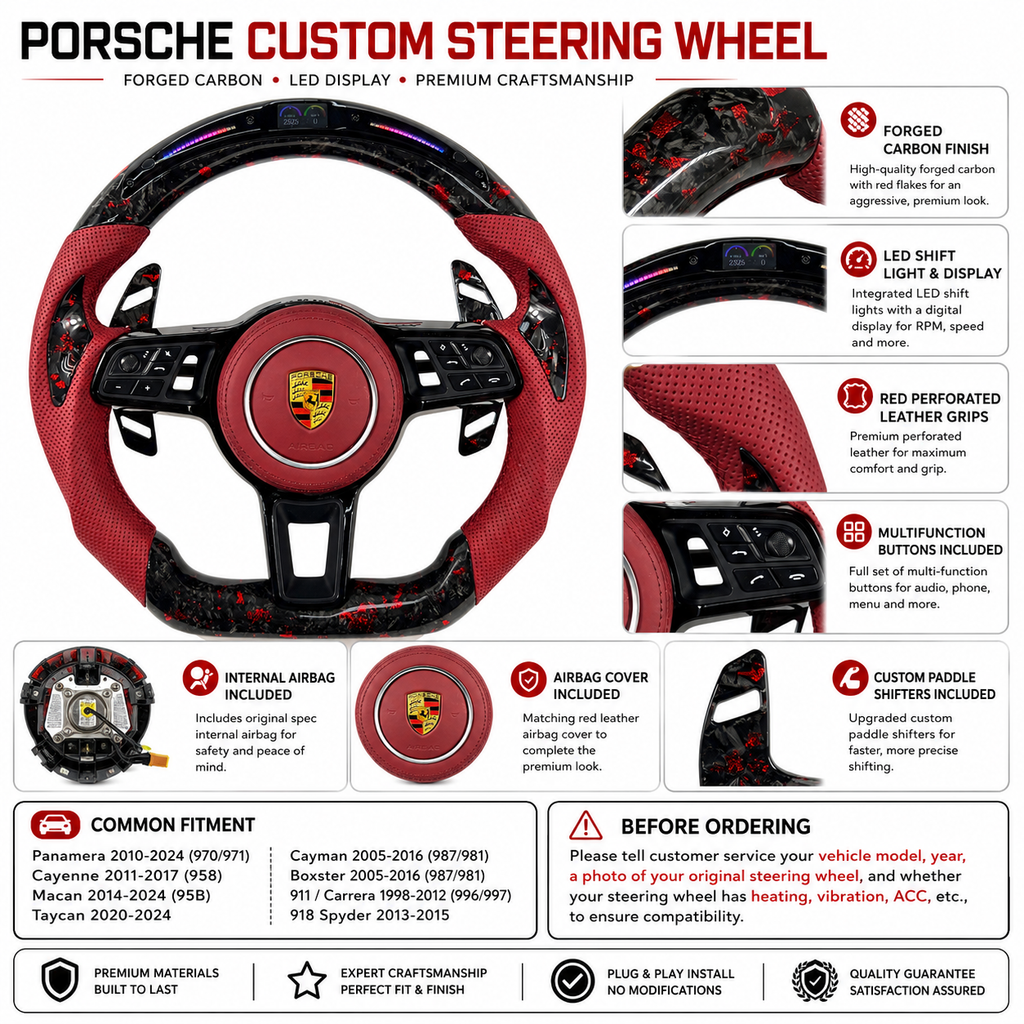 Porsche Performance Steering Wheel with Forged Carbon Red Flakes LED Screen Multifunction Controls Internal Airbag and Airbag Cover for Cayman Boxster 2005 2016 CJ Mod Garage