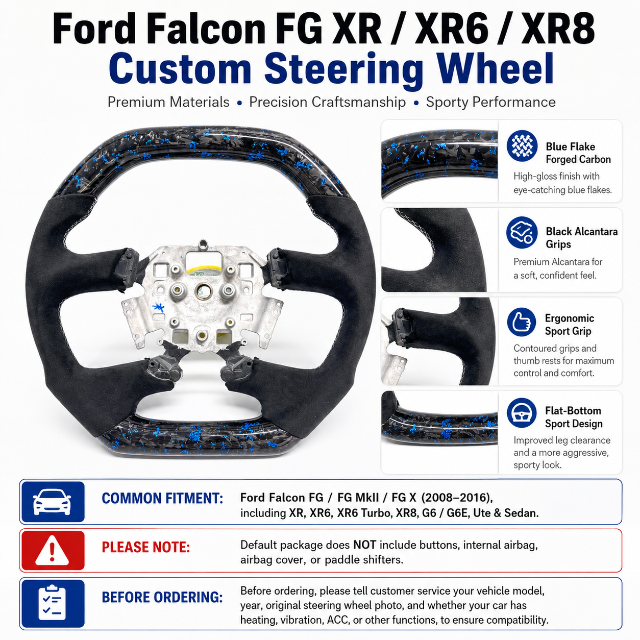 Ford Falcon FG XR XR6 XR8 custom steering wheel infographic showing blue flake forged carbon black Alcantara and flat bottom design by CJ Mod Garage