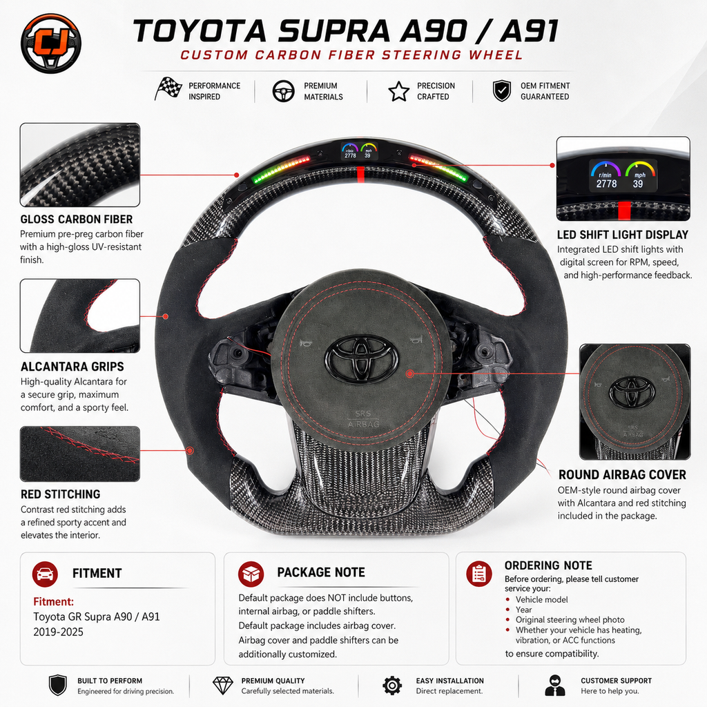 Custom Toyota Supra A90 A91 steering wheel featuring gloss carbon fiber, integrated LED display, Alcantara handles and premium airbag cover by CJ Mod Garage