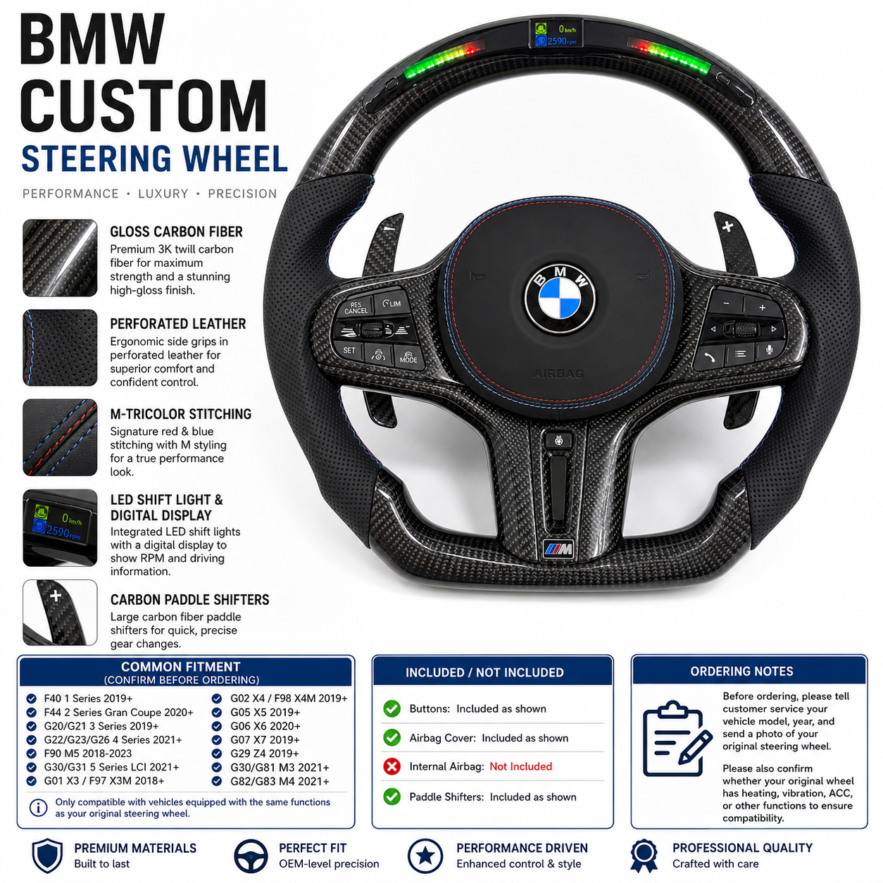 Custom BMW performance steering wheel with gloss carbon fiber, digital RPM display and carbon paddle shifters for G02 G05 G06 G11 G15 G29 F40 – CJ Mod Garage