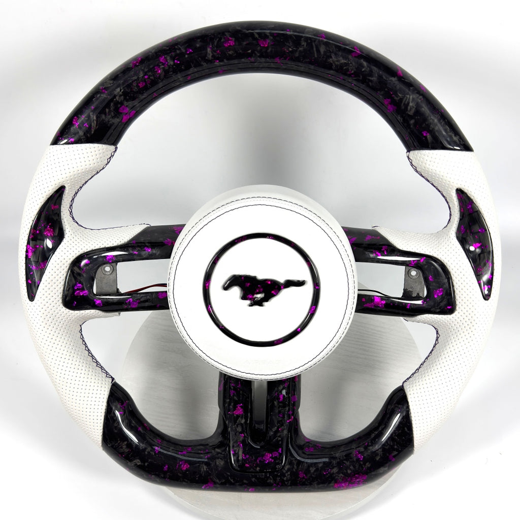 FOR Ford Mustang S550/GT 2015-2023 Carbon Fiber Steering Wheel, Purple Forged Carbon Fiber & White Perforated Leather & Airbag Cover - CJ Mod Garage