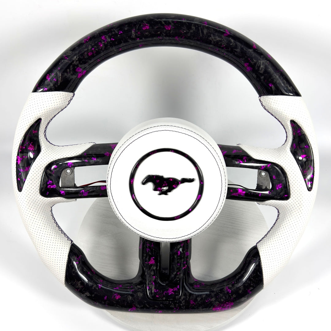 FOR Ford Mustang S550/GT 2015-2023 Carbon Fiber Steering Wheel, Purple Forged Carbon Fiber & White Perforated Leather & Airbag Cover - CJ Mod Garage