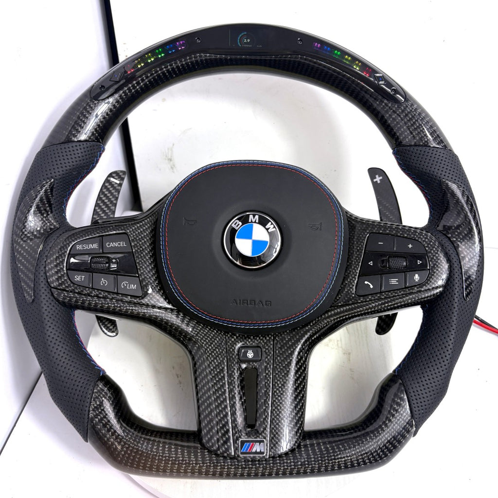 BMW OEM-style carbon fiber steering wheel with LED shift lights, perforated leather sides and M stitching for G22 G28 G38 G80 G82 F90 by CJ Mod Garage