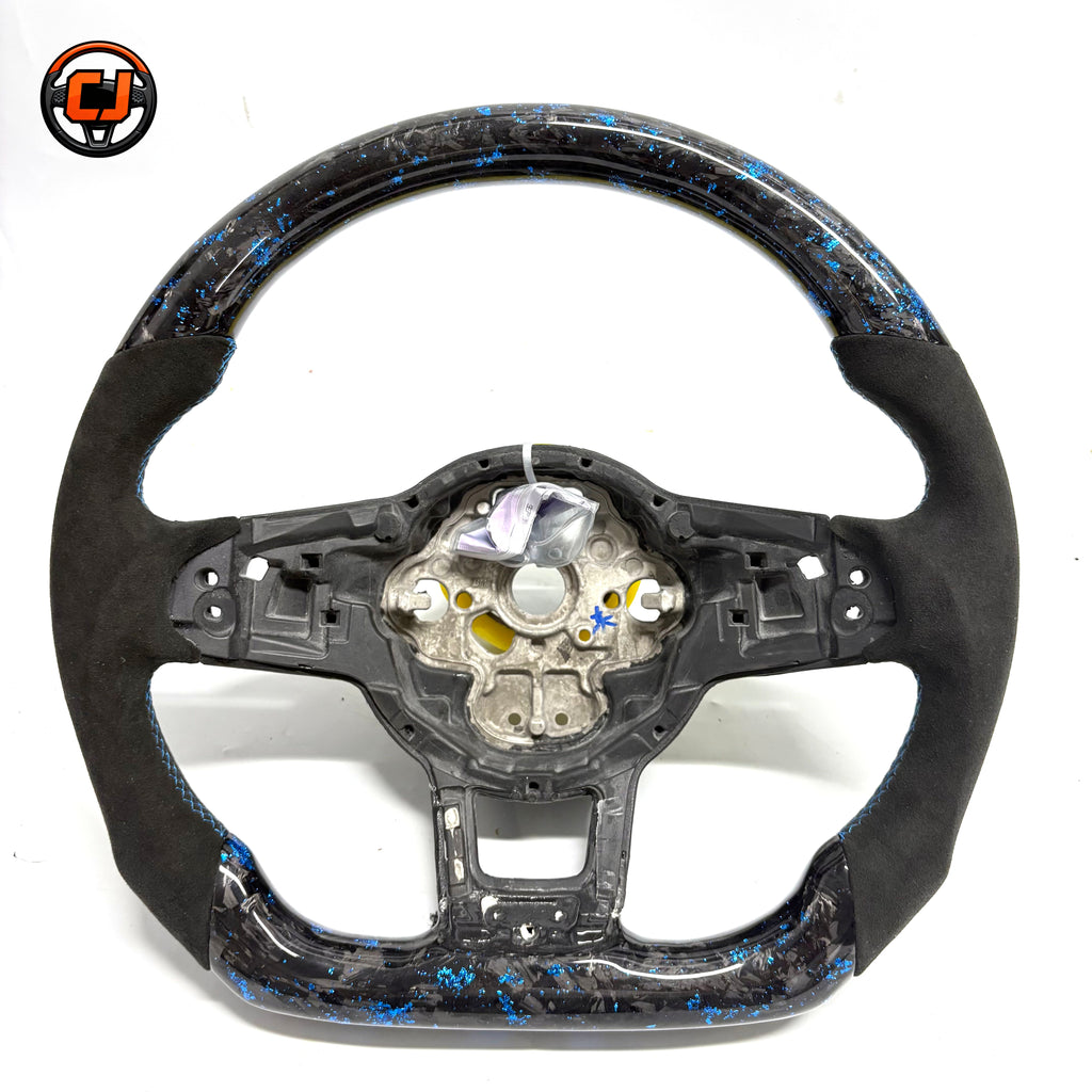 Volkswagen Golf GTI blue forged carbon Alcantara steering wheel shell on white studio background CJ Mod Garage