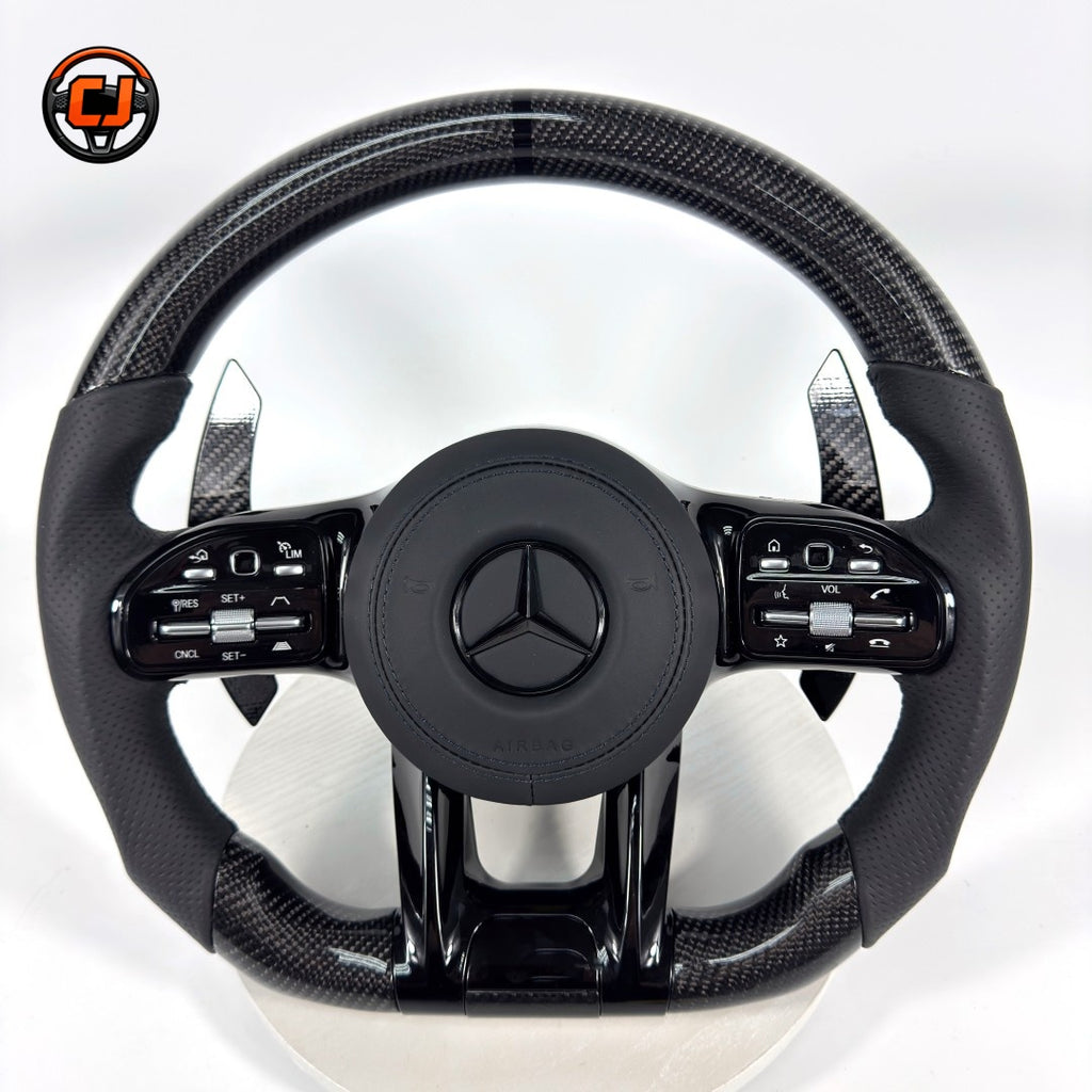 Mercedes AMG performance steering wheel with carbon fiber trim and sport leather grips for W117 W176 W177 W203 W204 W205 W211 C200 C300 CJ Mod Garage