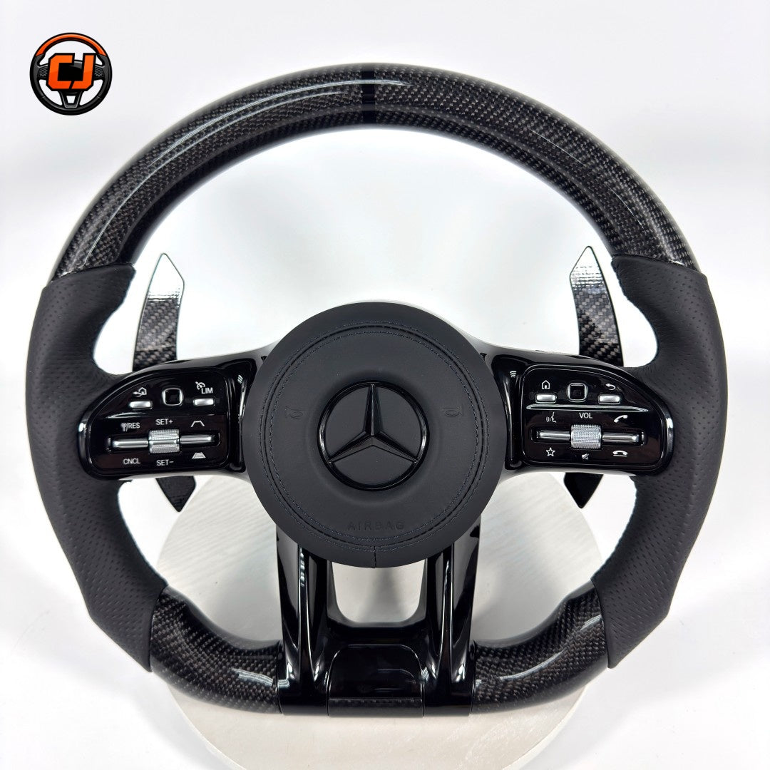 Mercedes AMG performance steering wheel with carbon fiber trim and sport leather grips for W117 W176 W177 W203 W204 W205 W211 C200 C300 CJ Mod Garage