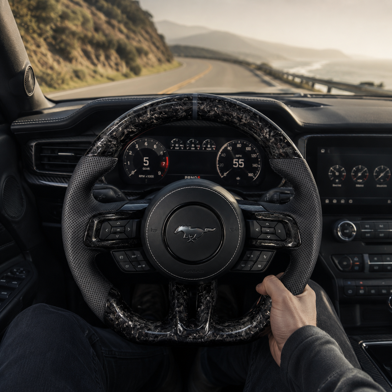 FOR Ford Mustang S550/GT 2015-2023 Carbon Fiber Steering Wheel, Black Forged Carbon Fiber & Black Perforated Leather - CJ Mod Garage & Driving Scene Images