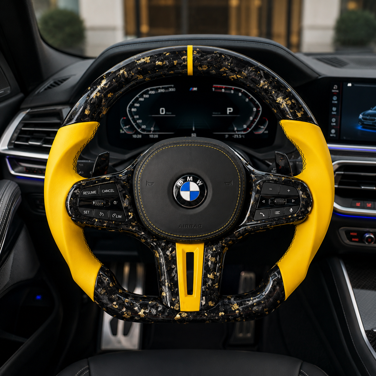 BMW forged carbon steering wheel with yellow leather grips and gold flake carbon finish installed in G05 X5 interior for G20 G30 G82 F90 by CJ Mod Garage