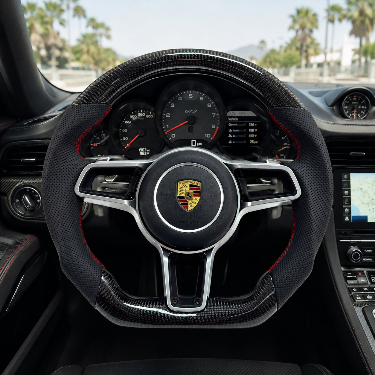 Custom Porsche Steering Wheel Featuring Gloss Carbon Fiber Construction Black Perforated Leather and OEM Style Design for Macan 2014 2024 Taycan 2020 2024 CJ Mod Garage