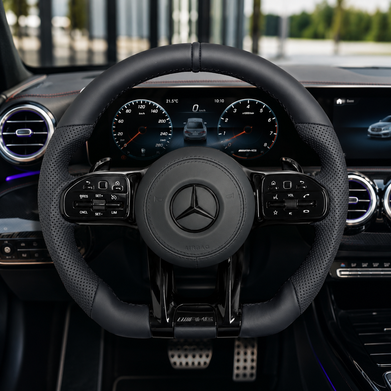 Mercedes AMG smooth leather steering wheel with perforated side grips for W117 W176 W177 W205 W213 C43 C63 C200 C300 CJ Mod Garage