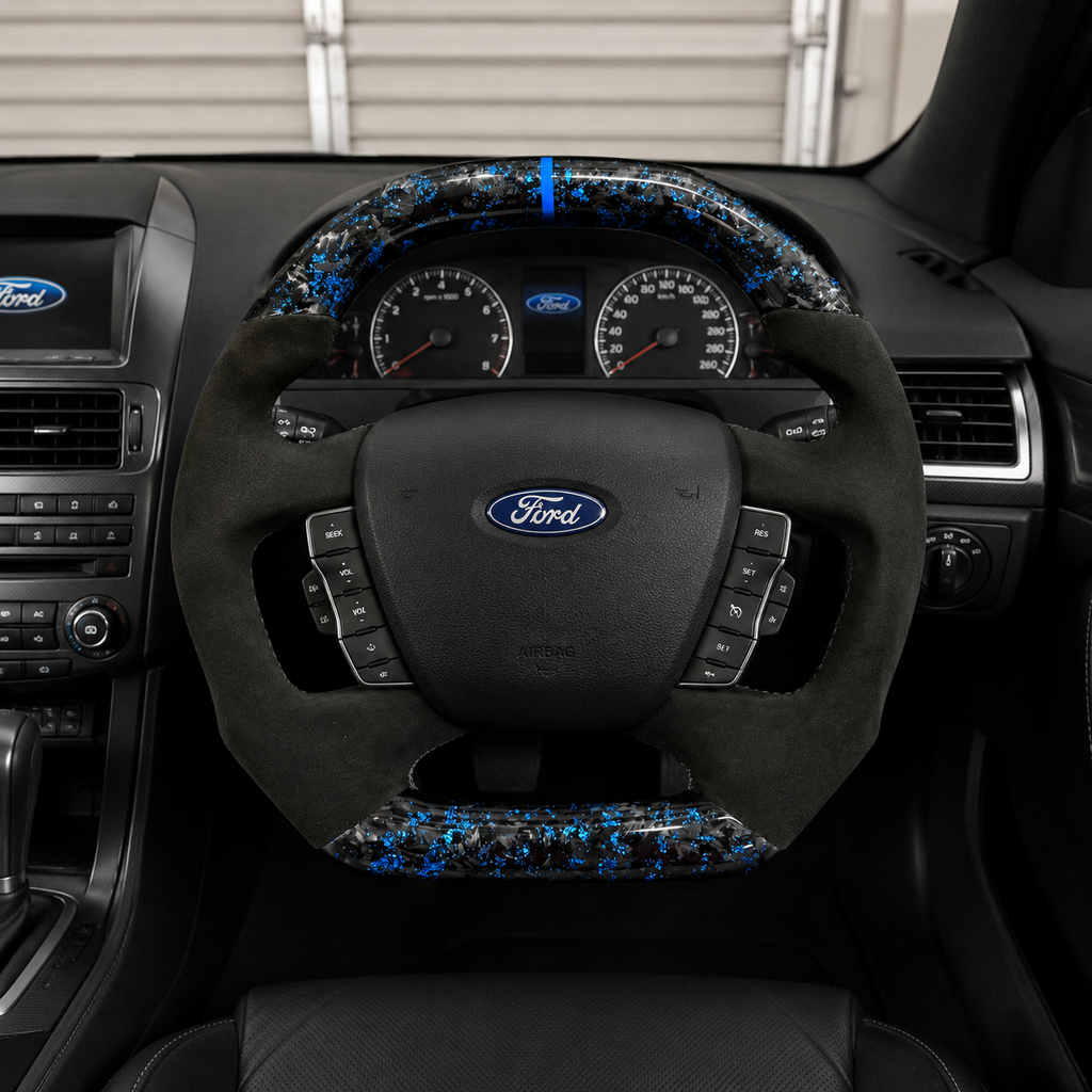 Ford Falcon FG XR XR6 XR8 custom steering wheel installed in car with blue flake forged carbon blue center stripe and black Alcantara by CJ Mod Garage