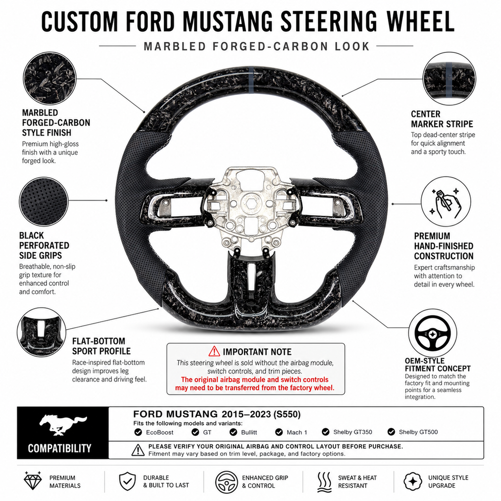 FOR Ford Mustang S550/GT 2015-2023 Carbon Fiber Steering Wheel, Black Forged Carbon Fiber & Black Perforated Leather - CJ Mod Garage & Product Details Image