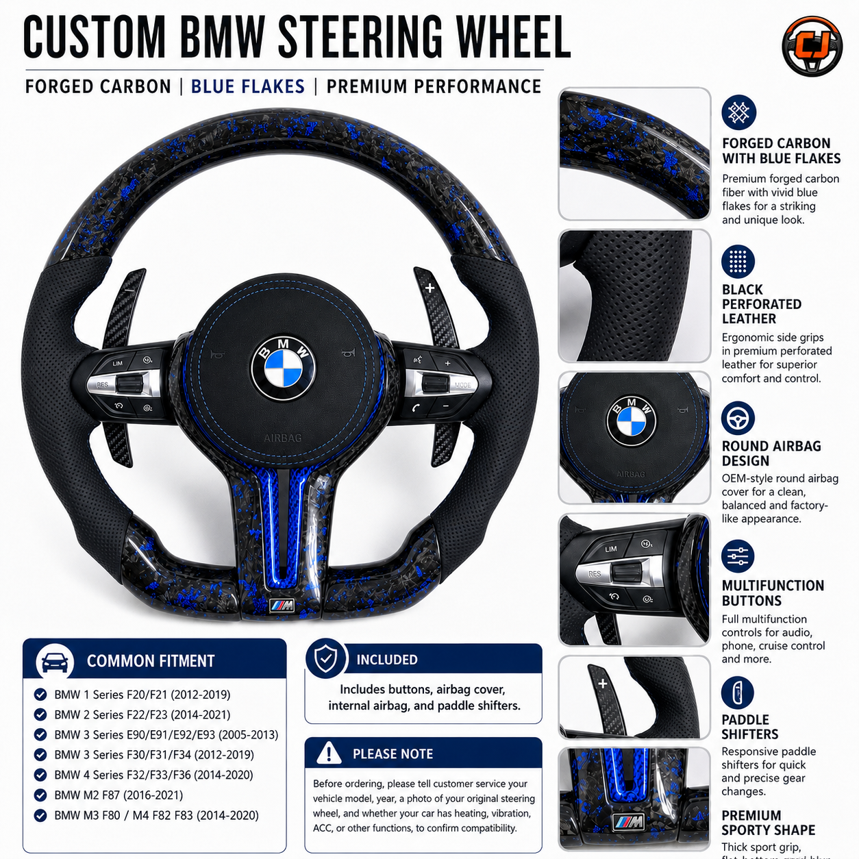 Forged Carbon Fiber Steering Wheel for BMW F10 F11 F15 F18 F20 F23 F25 F30 F32 F35 F40 F80 E84 E87 E90 E92 E93 2005~2019-CJ Mod Garage 10