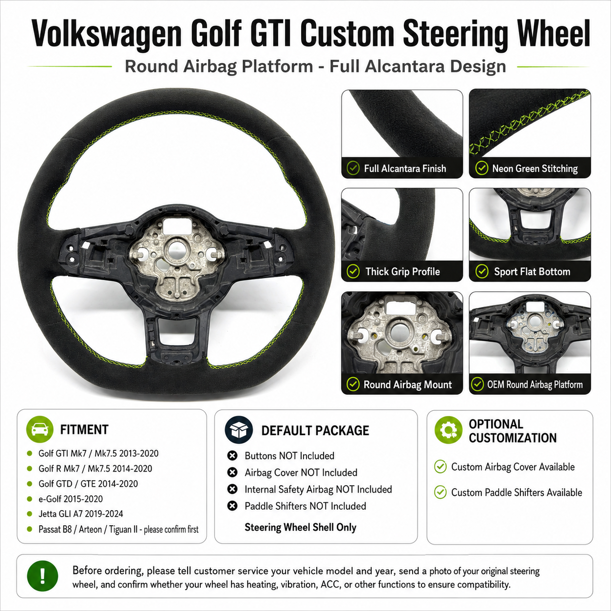 Volkswagen MK7 GTI full Alcantara steering wheel detail chart for Golf 6 7 7.5 R R Line CC Polo Passat B8 CJ Mod Garage