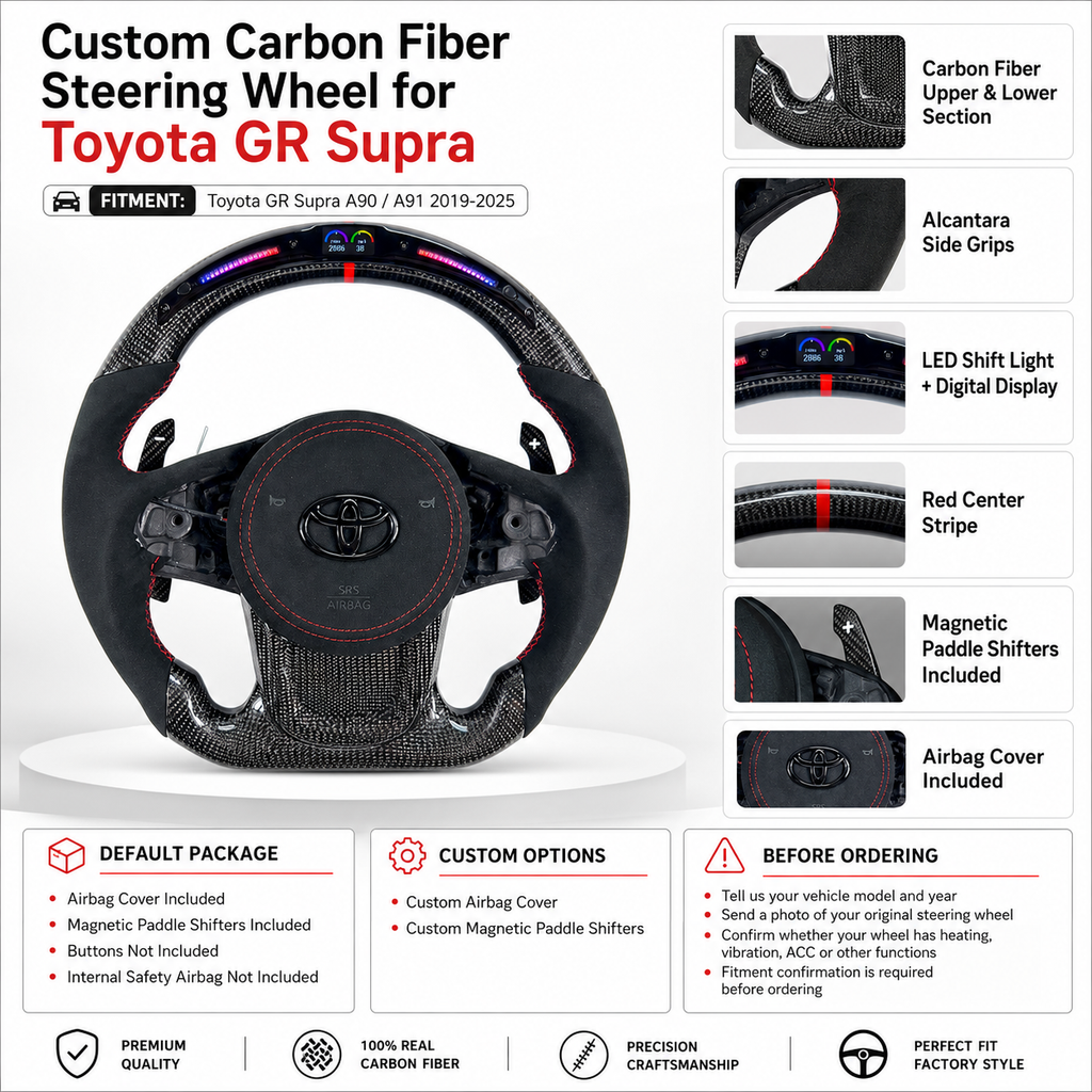 Toyota GR Supra A90 A91 performance steering wheel featuring carbon fiber frame, Alcantara side grips, LED RPM display, magnetic paddle shifters and airbag cover by CJ Mod Garage
