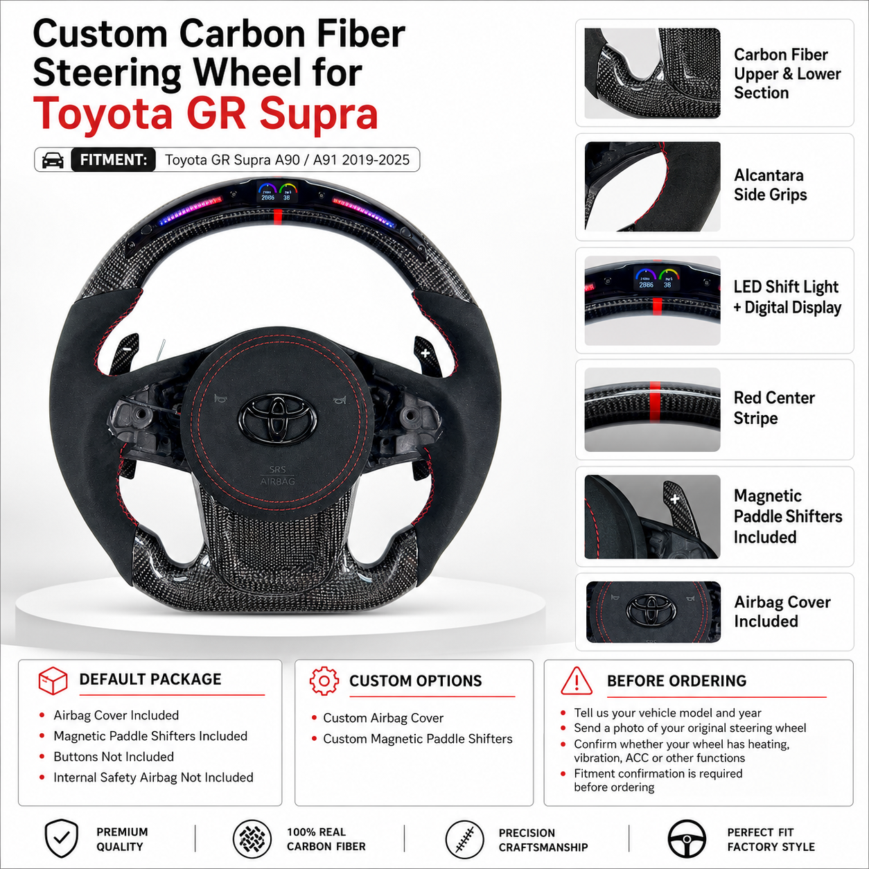 Toyota GR Supra A90 A91 performance steering wheel featuring carbon fiber frame, Alcantara side grips, LED RPM display, magnetic paddle shifters and airbag cover by CJ Mod Garage