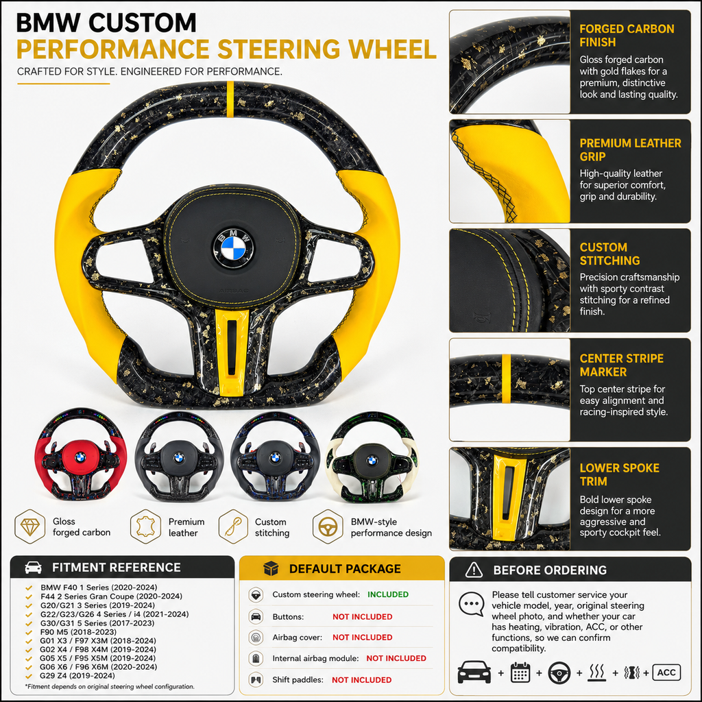 Custom BMW performance steering wheel featuring forged carbon, yellow center stripe and premium leather grips for G02 G06 G15 G29 G80 F40 – CJ Mod Garage