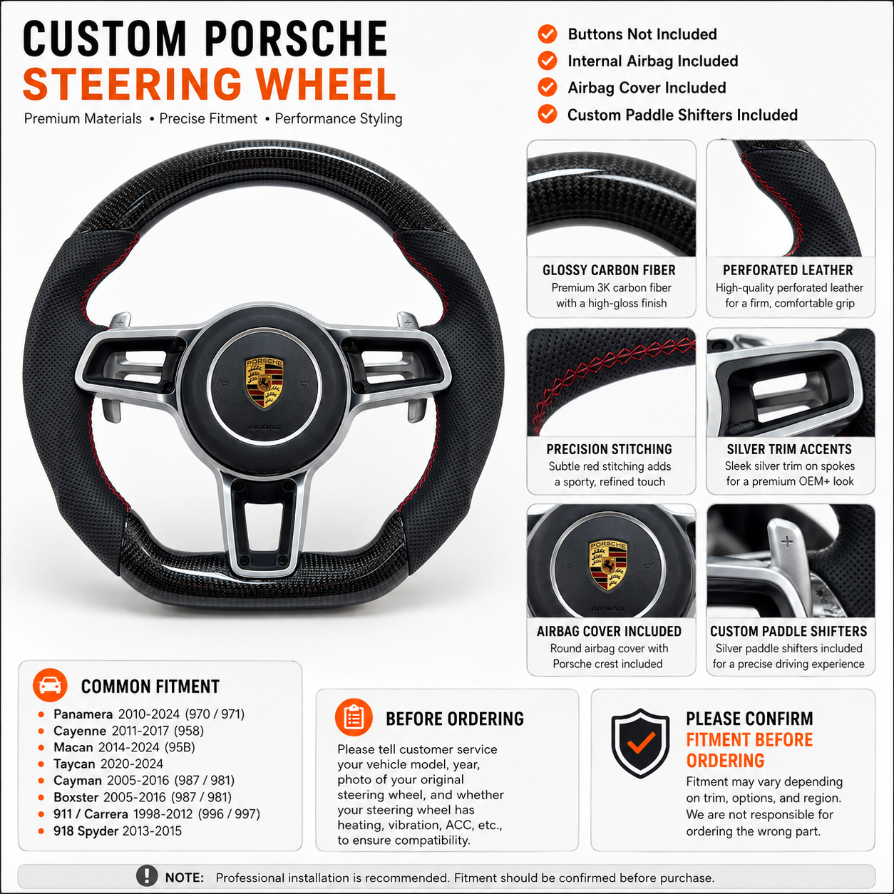 Porsche Performance Steering Wheel with Carbon Fiber Rim Silver Trim Airbag Cover and Custom Paddle Shifters for Cayman Boxster 2005 2016 CJ Mod Garage