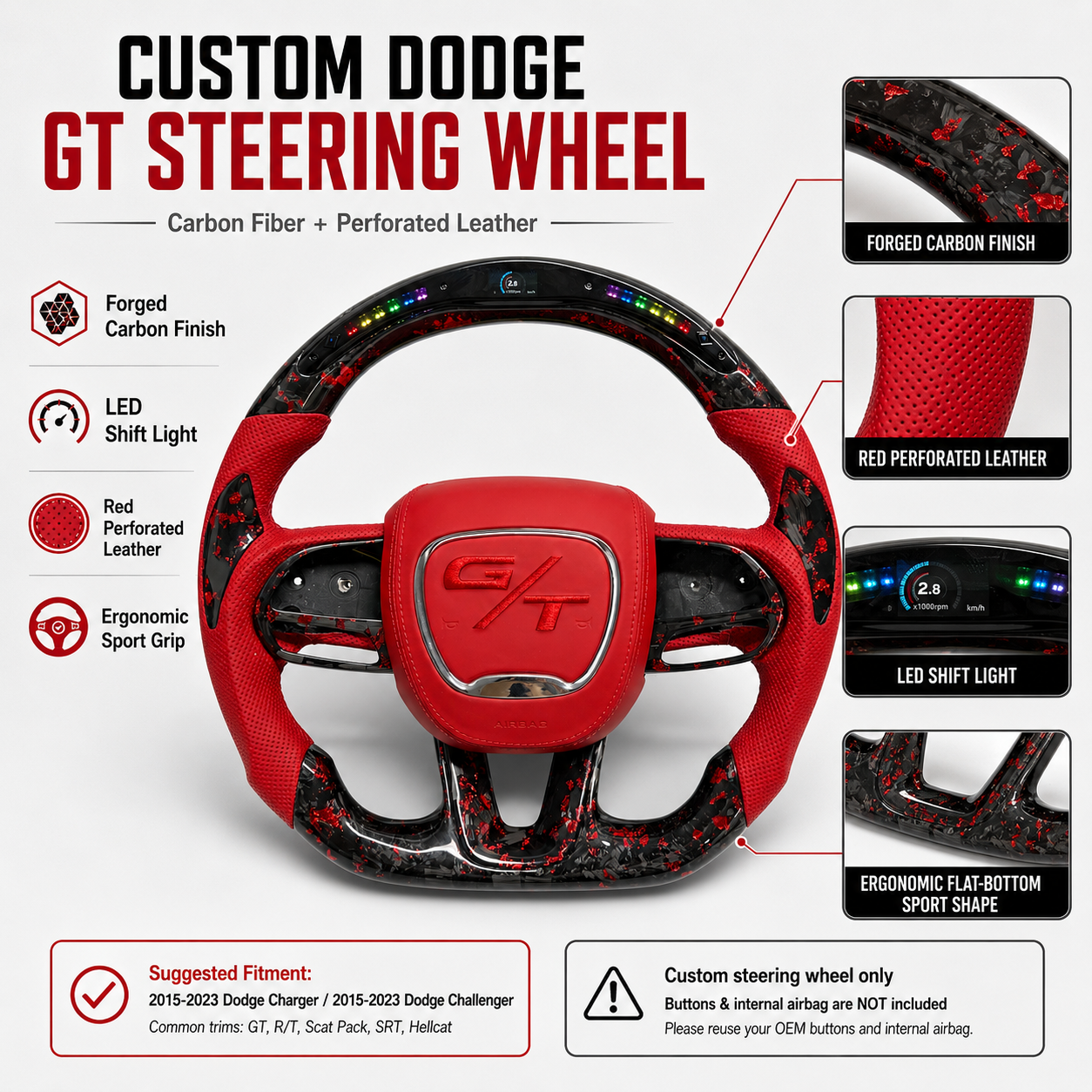 For Dodge Charger Challenger Hellcat Charger Durango SRT RT GT 2015-2023 Carbon Fiber Steering Wheel - CJ Mod Garage 69