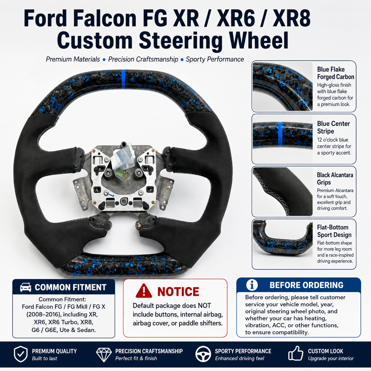 Ford Falcon FG XR XR6 XR8 custom steering wheel infographic showing blue flake forged carbon blue center stripe black Alcantara and flat bottom by CJ Mod Garage