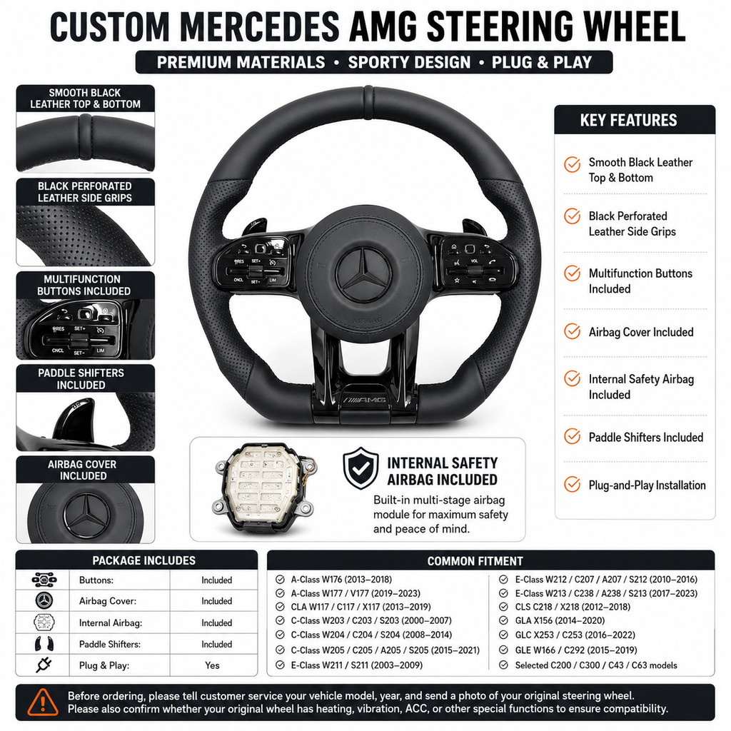 Custom Mercedes AMG black leather steering wheel with multifunction buttons for W203 W204 W205 W211 W212 W213 W218 C43 C63 CJ Mod Garage