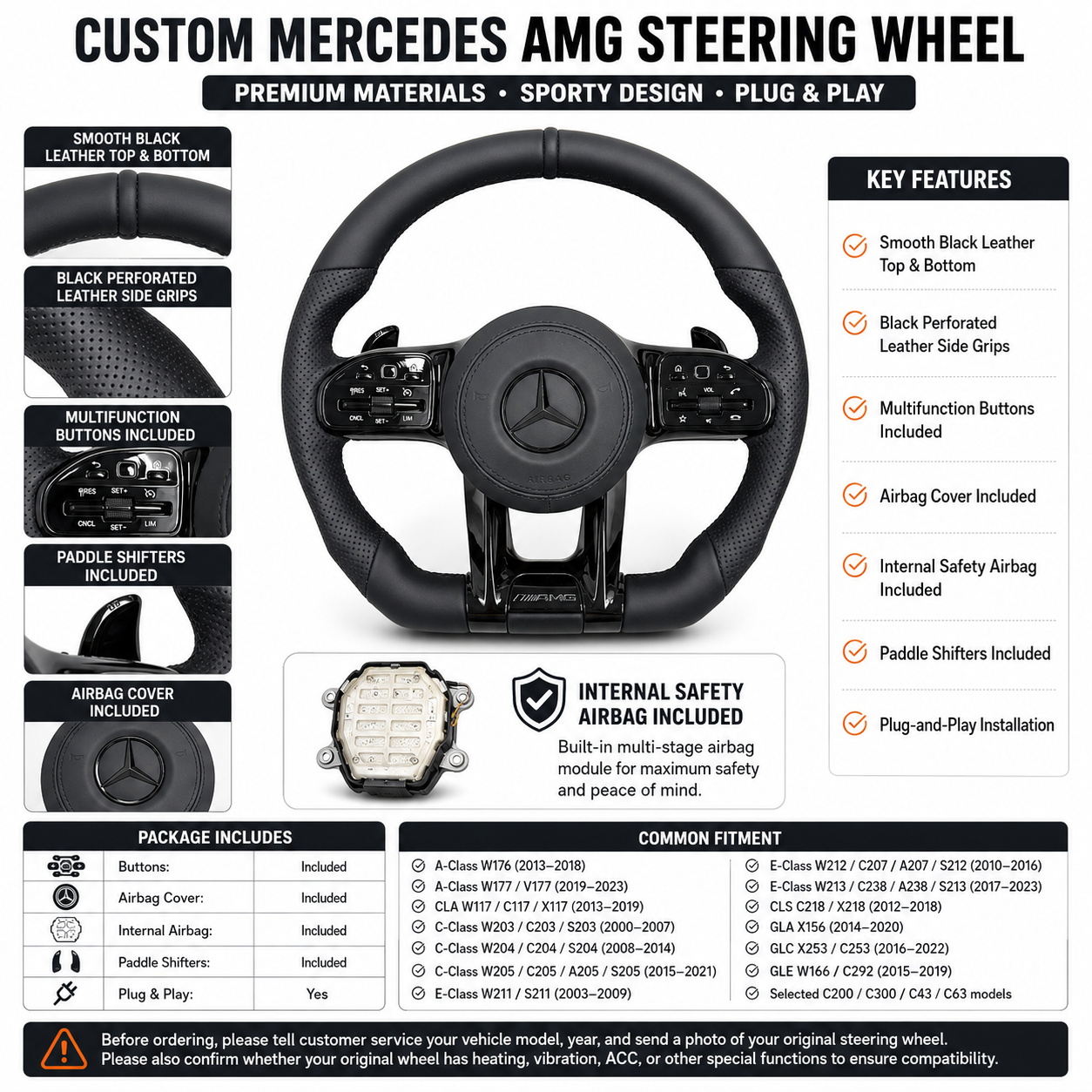 Custom Mercedes AMG black leather steering wheel with multifunction buttons for W203 W204 W205 W211 W212 W213 W218 C43 C63 CJ Mod Garage