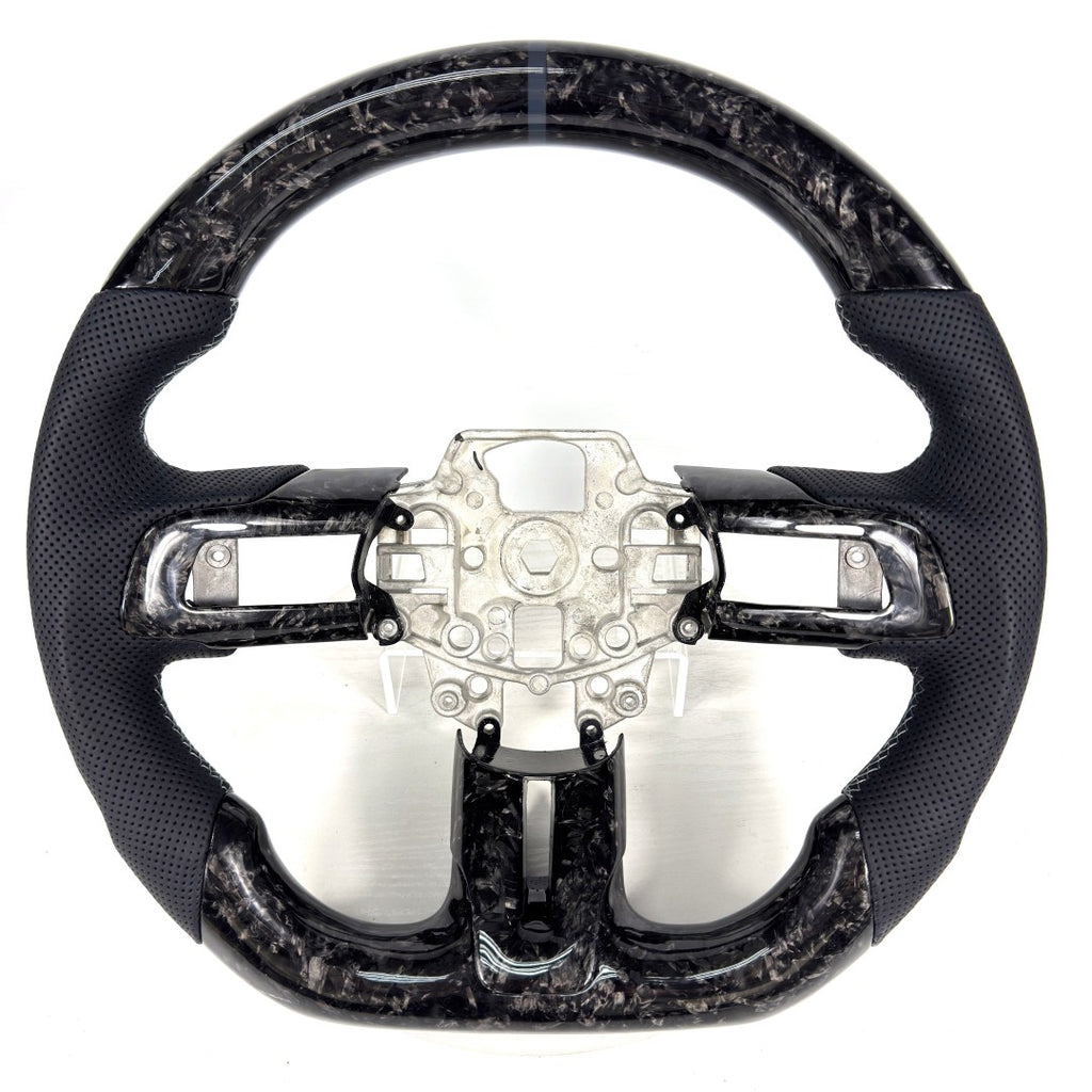 FOR Ford Mustang S550/GT 2015-2023 Carbon Fiber Steering Wheel, Black Forged Carbon Fiber & Black Perforated Leather - CJ Mod Garage &