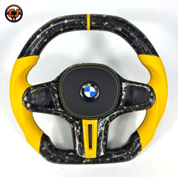 BMW custom forged carbon fiber steering wheel with yellow leather sides, contrast stitching and flat-bottom design for G22 G28 G38 G80 G82 F90 by CJ Mod Garage