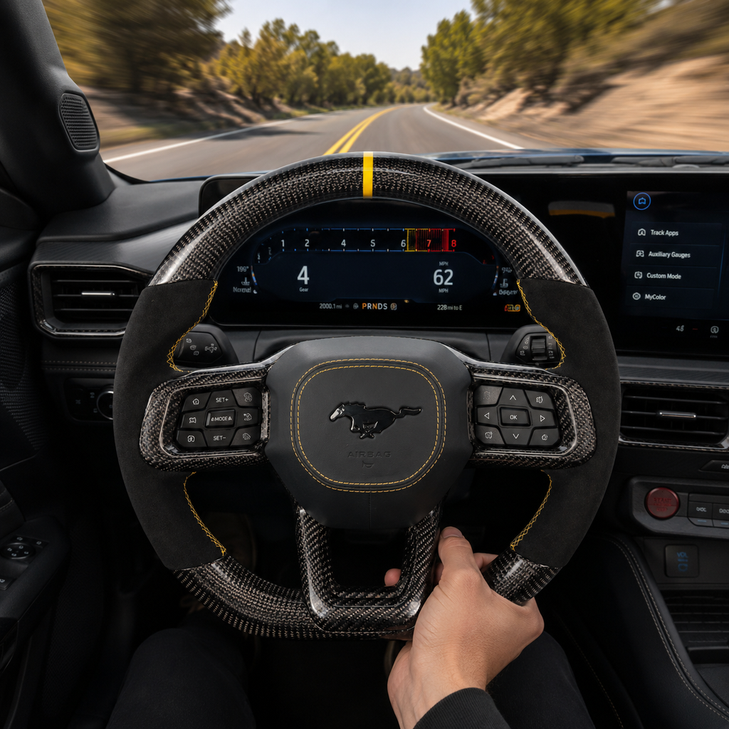 FOR Ford Mustang S650/GT 2024-2026 Carbon Fiber Steering Wheel, Black Carbon Fiber & Black Alcantara & Yellow Stripes - CJ Mod Garage & Driving Scene Images
